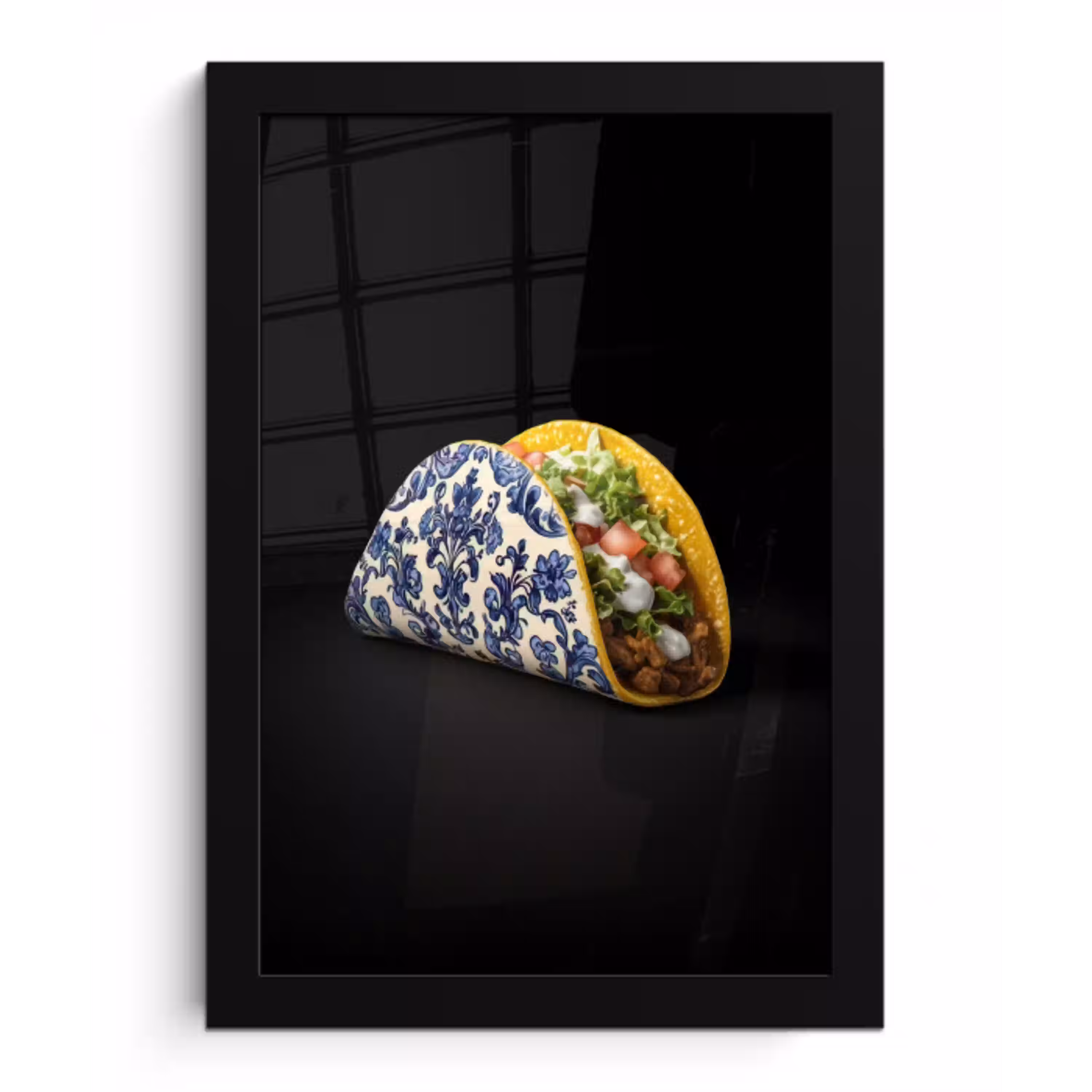 Taco - Vlees - Salade - Delftsblauw - Motief fotolijst zwart zonder passe partout klein -3d