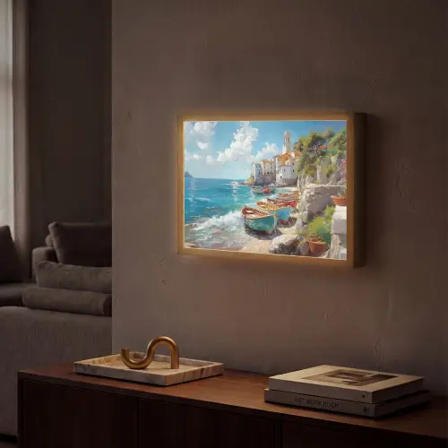 Boten - Rotsen - Zee - Zon Light Box met batterij (Wandlamp) middel -sfeer1