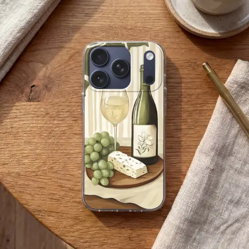 Wijn - Druiven - Kaas - Bladeren Telefoonhoesje iPhone 17 Pro klein -sfeer1