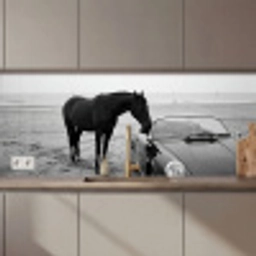 Paard - Auto - Zwart - Wit keuken achterwand 2 middel zz_3dshopping