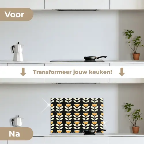 Retro - Bloem - Zwart - Okergeel keuken achterwand spatscherm klein 900 -voor_na_NL