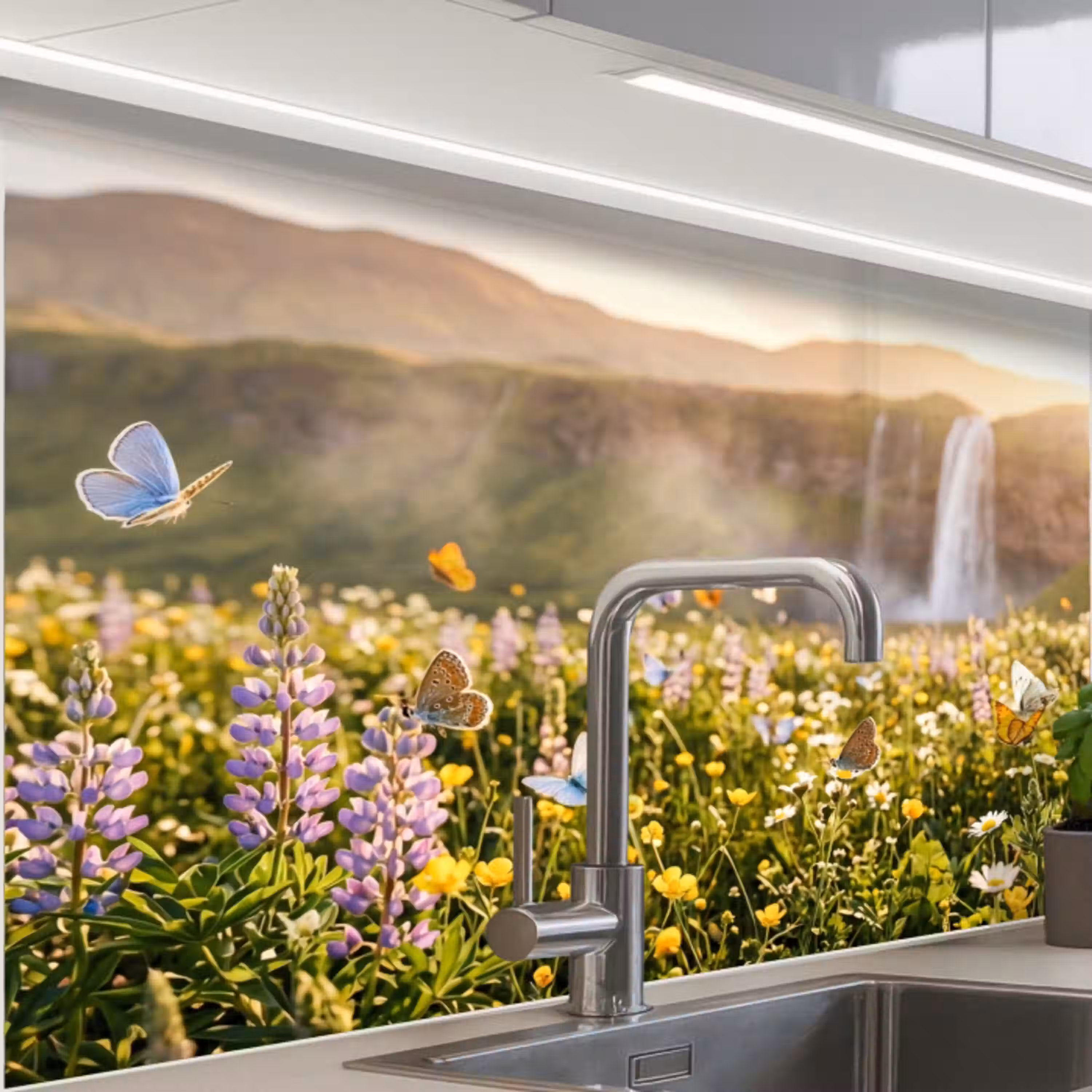 Vlinders - Waterval - Bloemenveld keuken achterwand 2 middel -zzzz3d_schuin