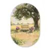 Houten bankje - Bloempotten - Landschap Wandcirkel Ovaal Forex klein -3d