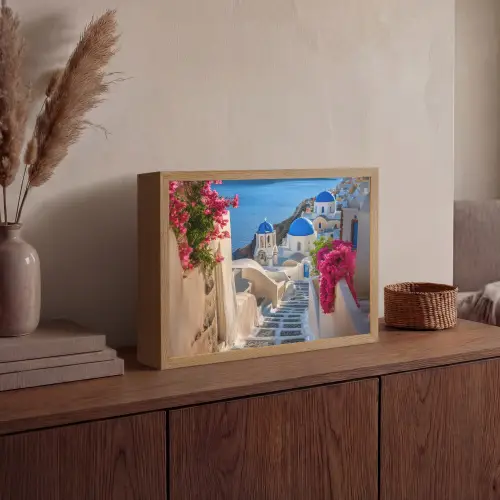 Santorini - Bloemen - Griekenland Light Box met batterij (Wandlamp) middel -sfeer2