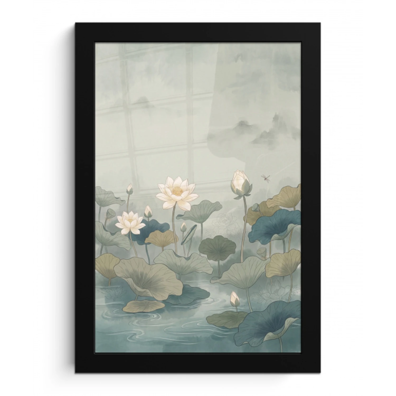 Lotus - Bloemen - Groen fotolijst zwart zonder passe partout klein -3d