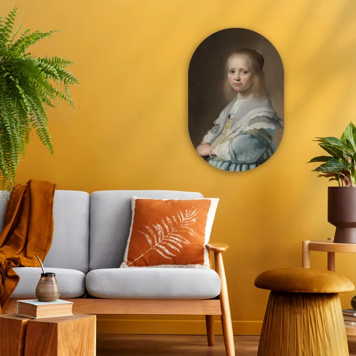 Portret van een meisje in het blauw - Schilderij van Johannes Cornelisz. Verspronck Wandcirkel Ovaal Forex klein -sfeer4