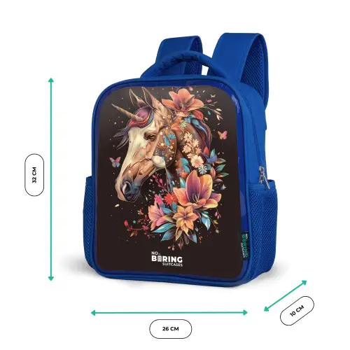 Eenhoorn en Bloemen op Zwarte Achtergrond Kinderrugzak - Blauw middel -productfoto_formaten