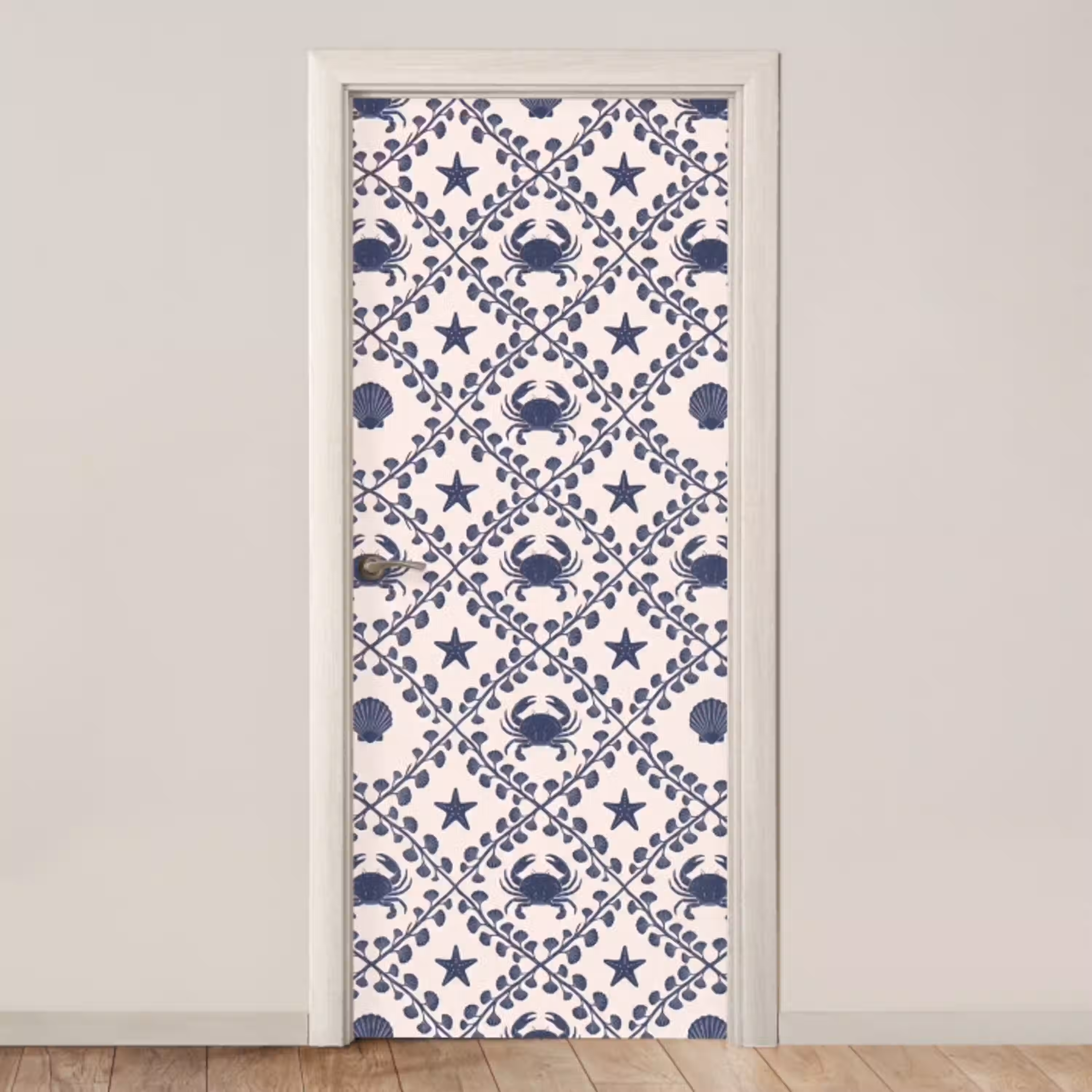 Zee - Krab - Zeester - Patroon - Blauw deurposter klein -3d_beige