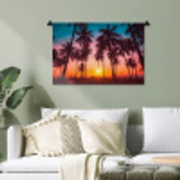 Palmboom - Zonsondergang - Horizon - Strand - Oranje - Roze Wandkleed katoen klein -sfeer7