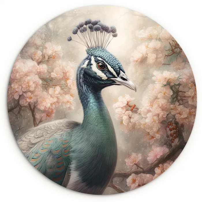 Pauw - Vogels - Bloemen - Boom - Botanisch Wandcirkel kunststof plaat 5mm dik klein -3d