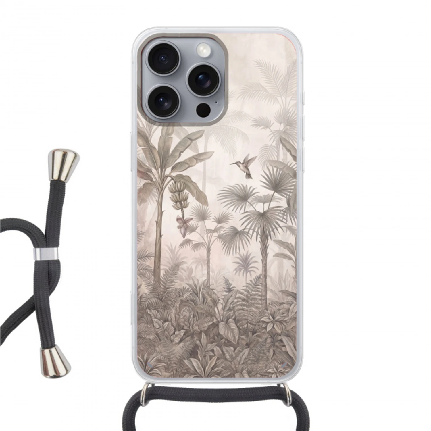 Jungle - Banenboom - Kolibrie - Beige Hoesje iPhone 16 Pro Max met koord klein -3d
