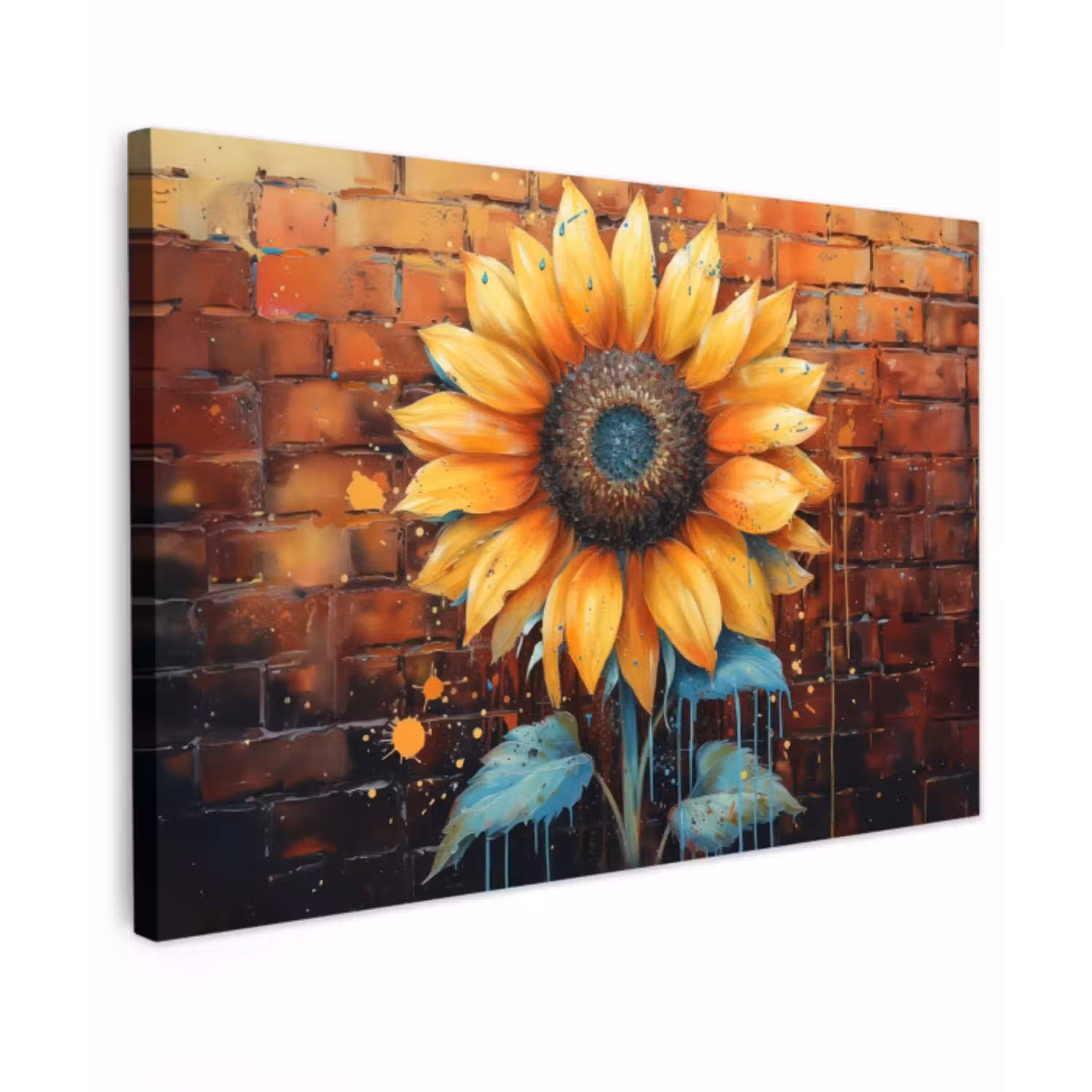 Zonnebloem op Bakstenen Muur Tuinposter op houten frame 2 cm dik klein -3d