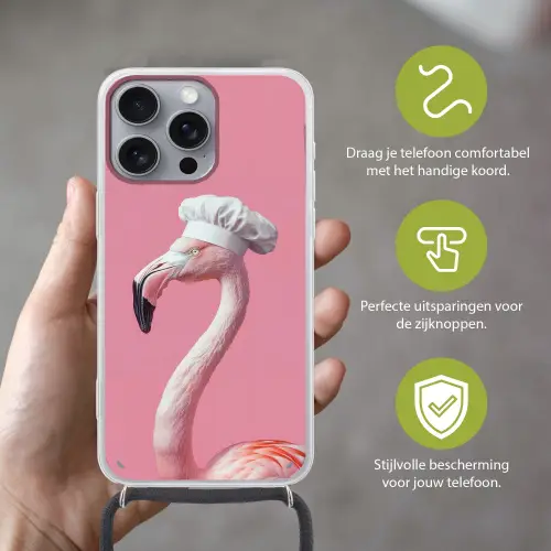 Flamingo - Roze - Koksmuts - Vogel Hoesje iPhone 16 Pro Max met koord klein -sfeer2_NL