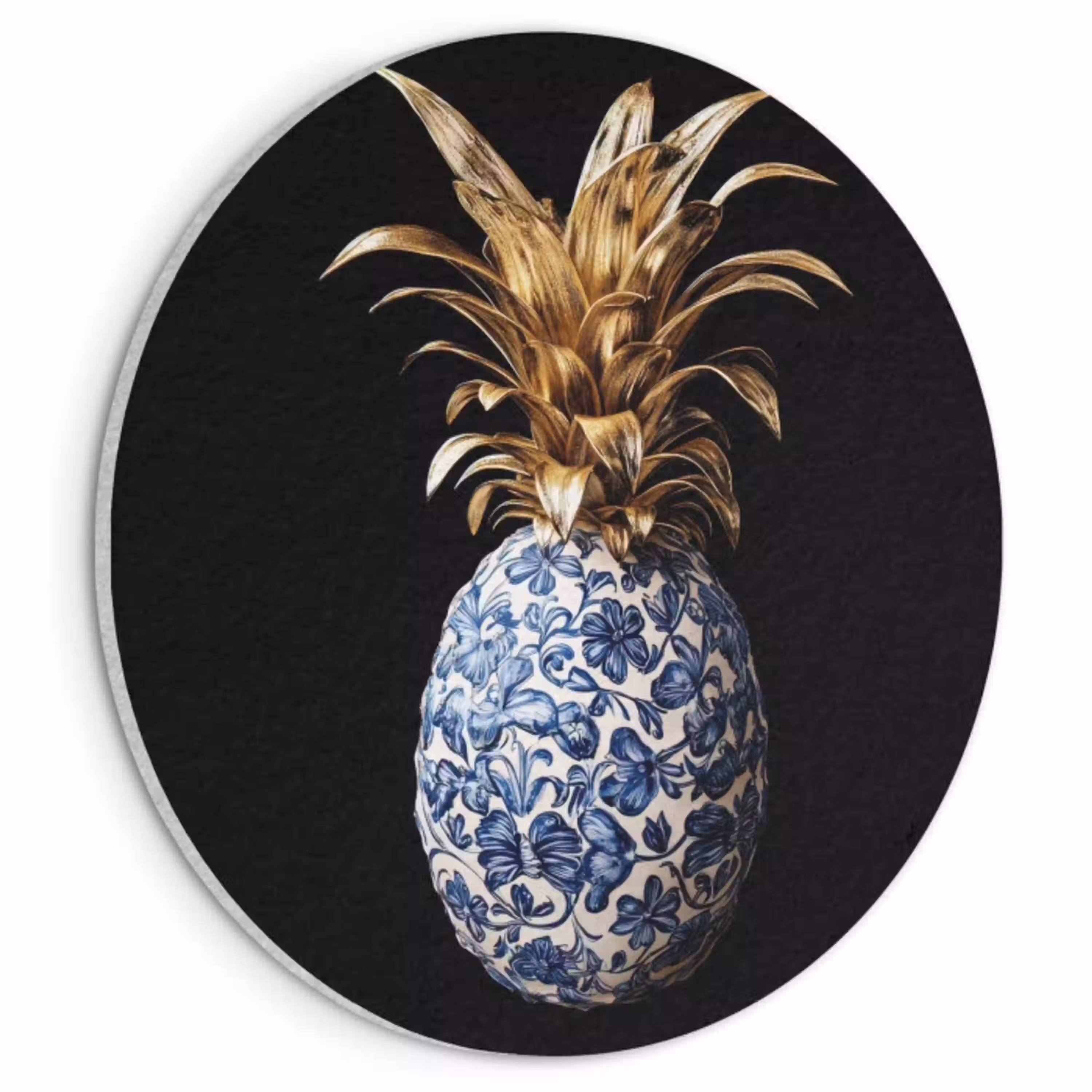 Ananas - Bloemen patroon - Goud - Delftsblauw Akoestische PET Vilt - Rond klein -3d