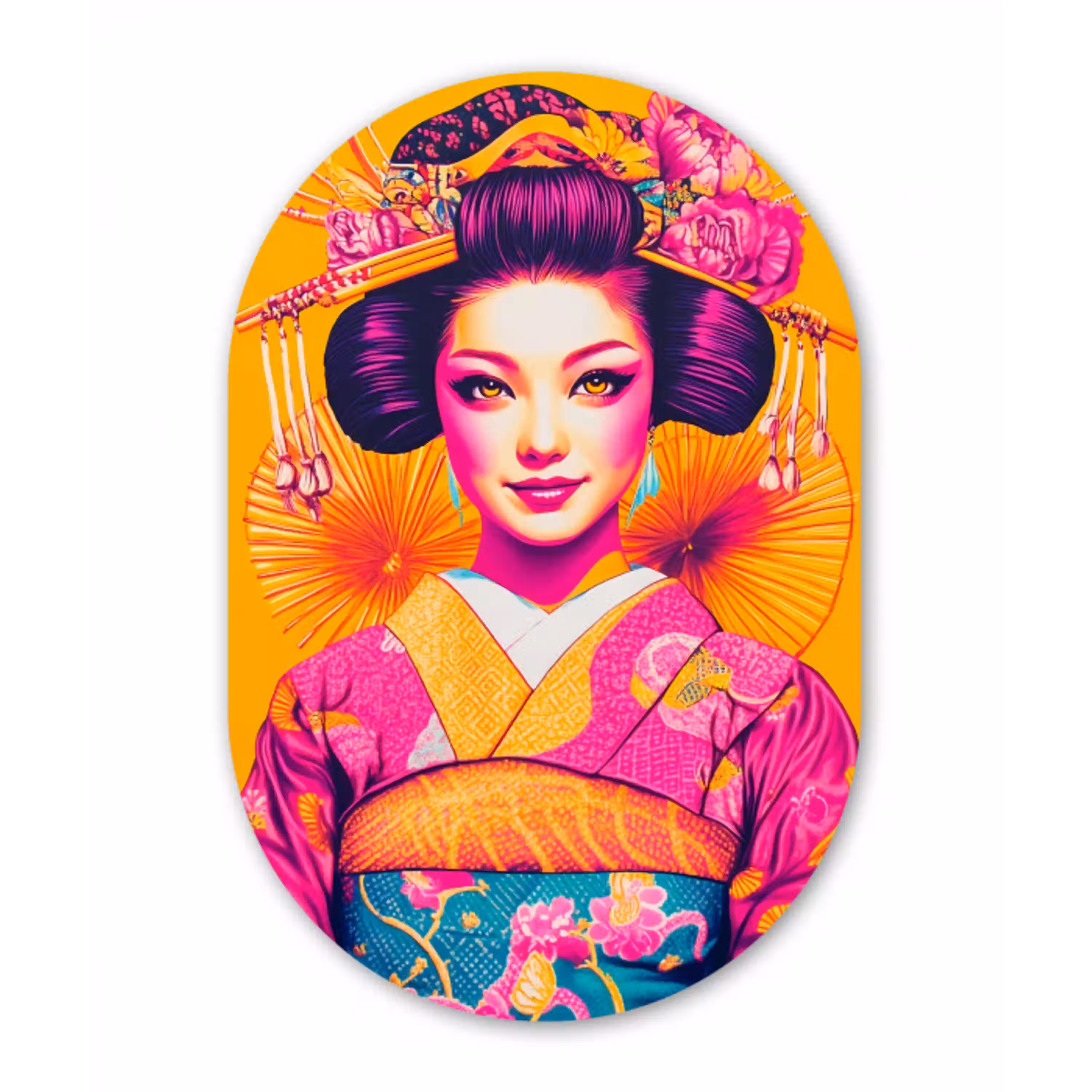Bloemen - Vrouw - Kimono - Roze Wandcirkel Ovaal Glas middel -3d