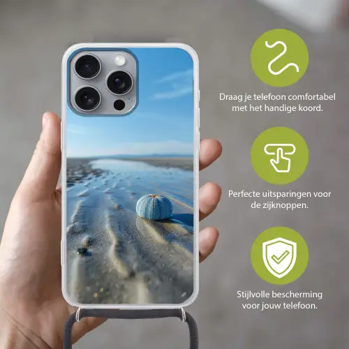 Strand - Schild - Water - Blauw Hoesje iPhone 16 Pro Max met koord klein -sfeer2_NL