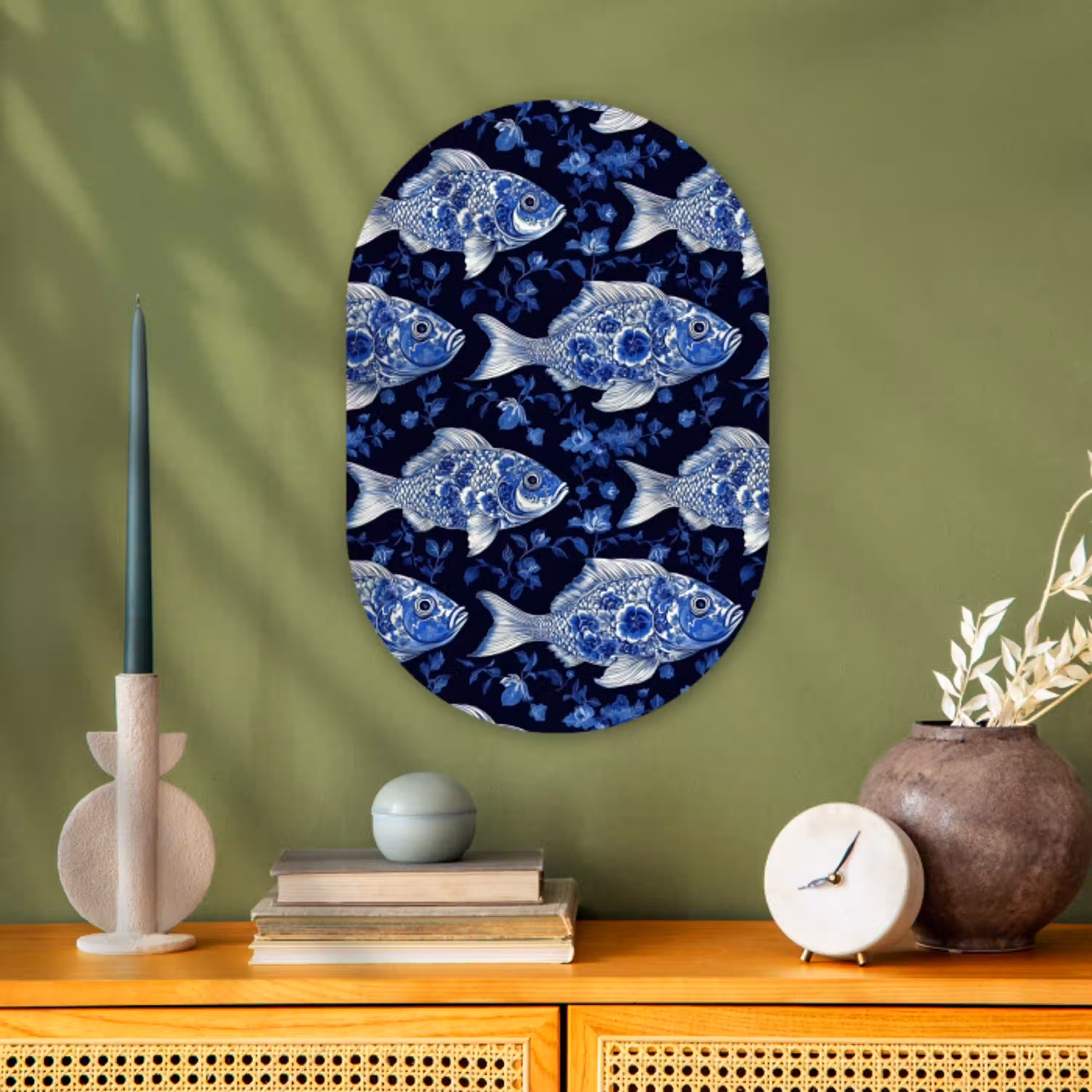 Vissen - Bloemen - Blauw Wandcirkel Ovaal Forex klein 630 -sfeer2