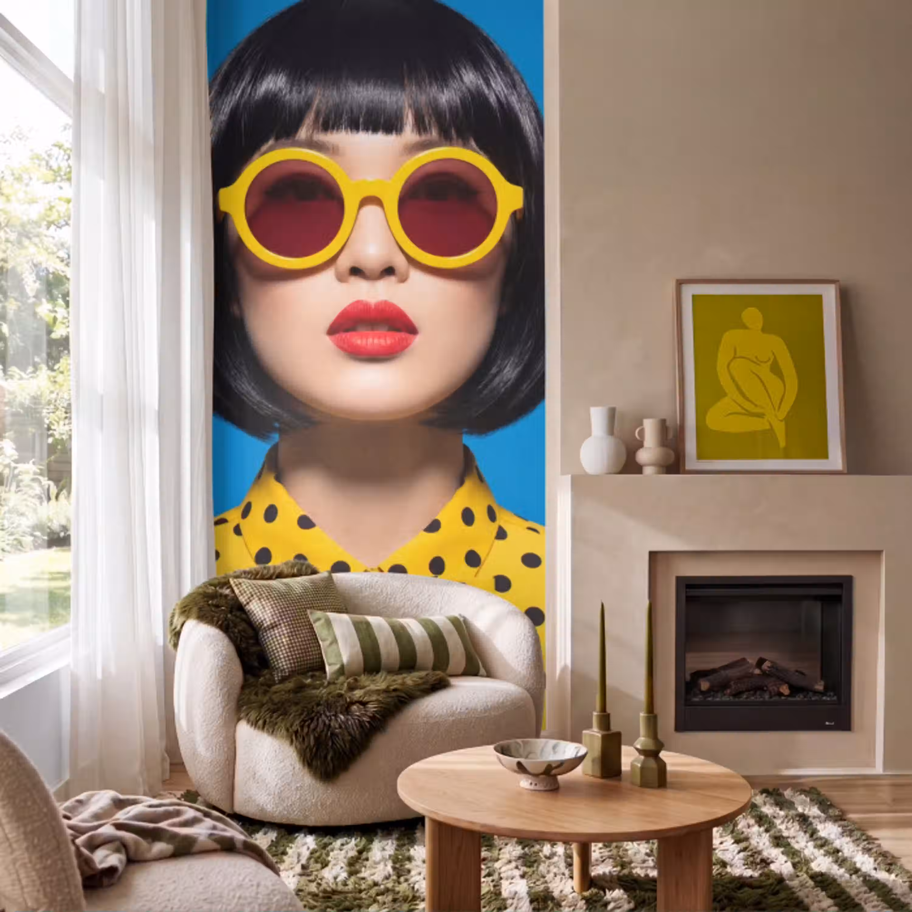 Vrouw - Zonnebril - Pop Art - Portret - Geel Behang Vlies klein -sfeer2