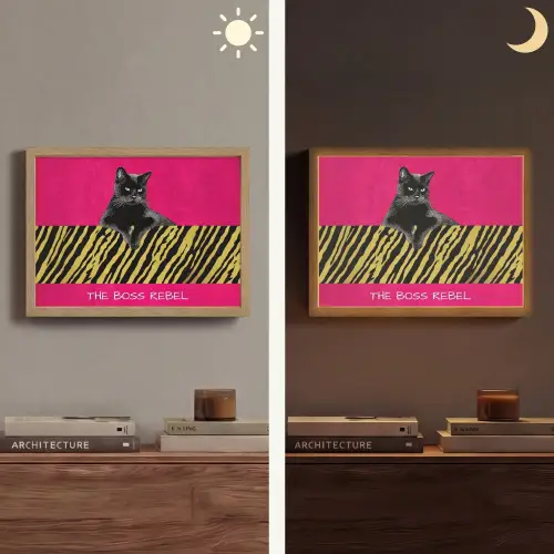Kat - Baas - Roze - Tijgerprint Light Box met batterij (Wandlamp) middel -sfeer3