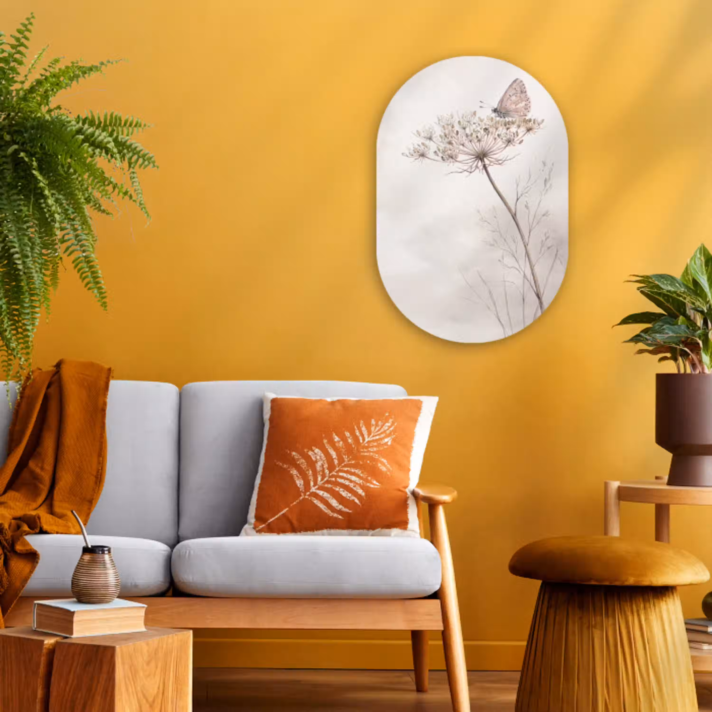 Vlinder - Bloem -Natuur - Beige Wandcirkel Ovaal Forex klein -sfeer4