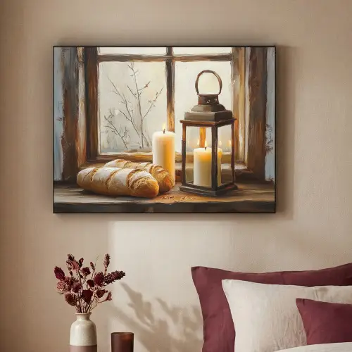 Stilleven - Rustiek - Kaarsen - Broden - Raam Textielframe zwart klein -sfeer1