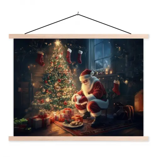 Kerstman - Haard - Donker textielposter latten blank klein -3d