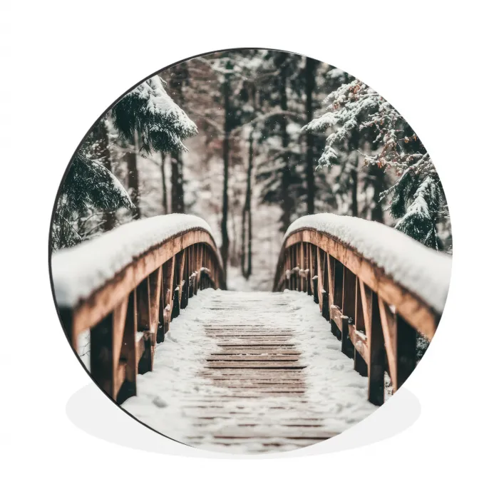 Brug - Winterlandschap - Bos - Natuur - Sneeuw Wandcirkel aluminium klein -3d