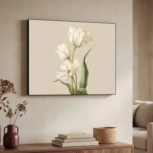 Tulpen - Wit - Bladeren Textielframe zwart klein -sfeer3