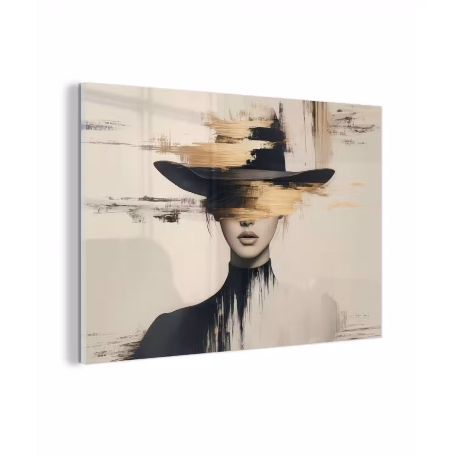 Glas schilderij - Vrouw - Hoed - Verf
