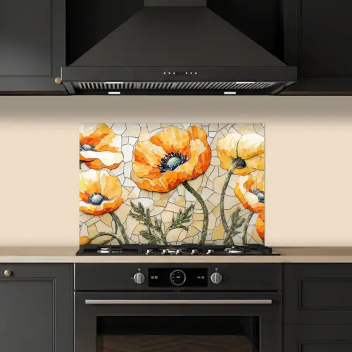 Klaprozen - Oranje - Mozaïek - Bladeren keuken achterwand spatscherm klein -sfeer1