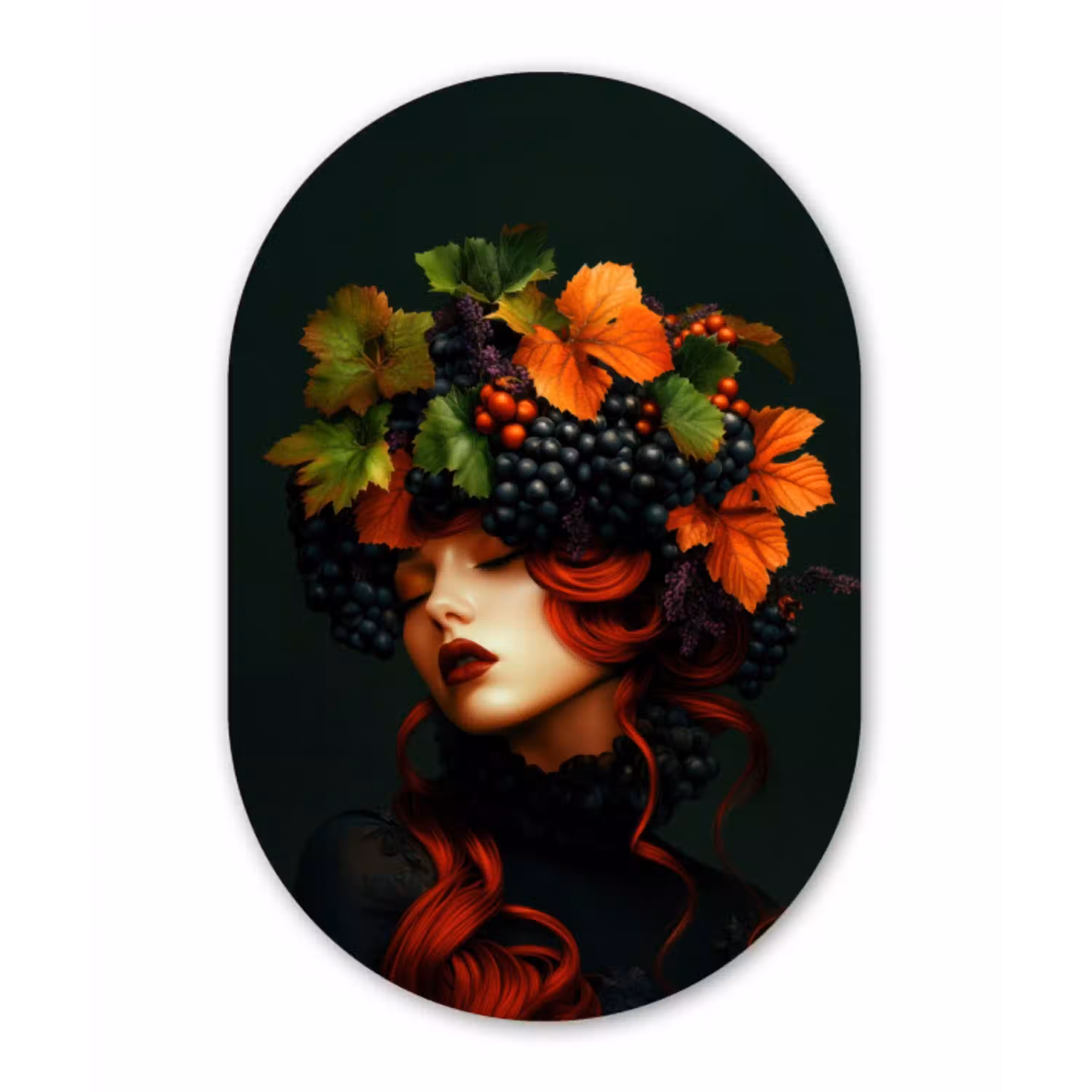 Vrouw - Rood - Groen - Druiven Wandcirkel Ovaal Aluminium middel -3d