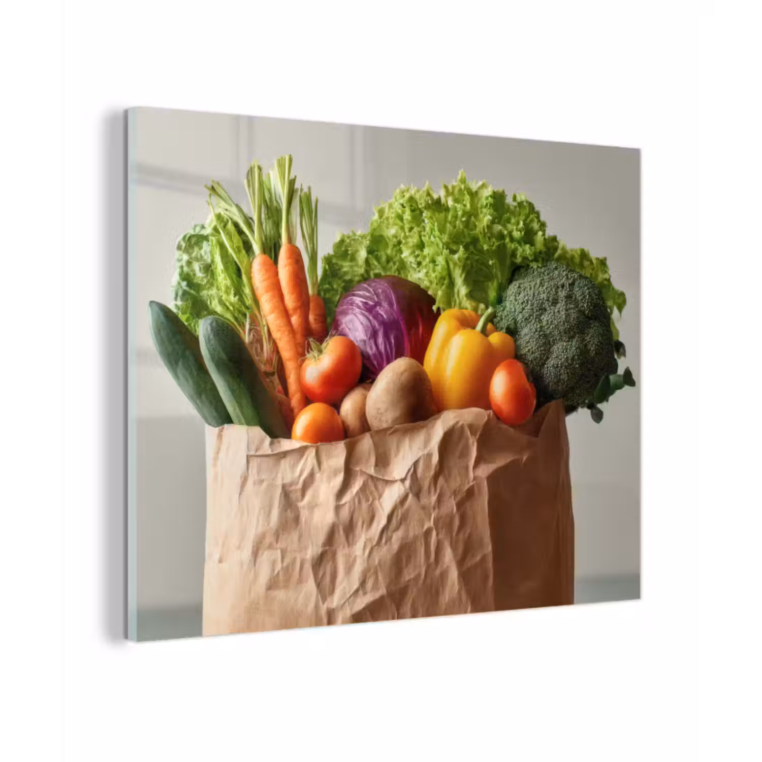 Glas schilderij - Papieren - Boodschappen - Groente - Kleurrijk