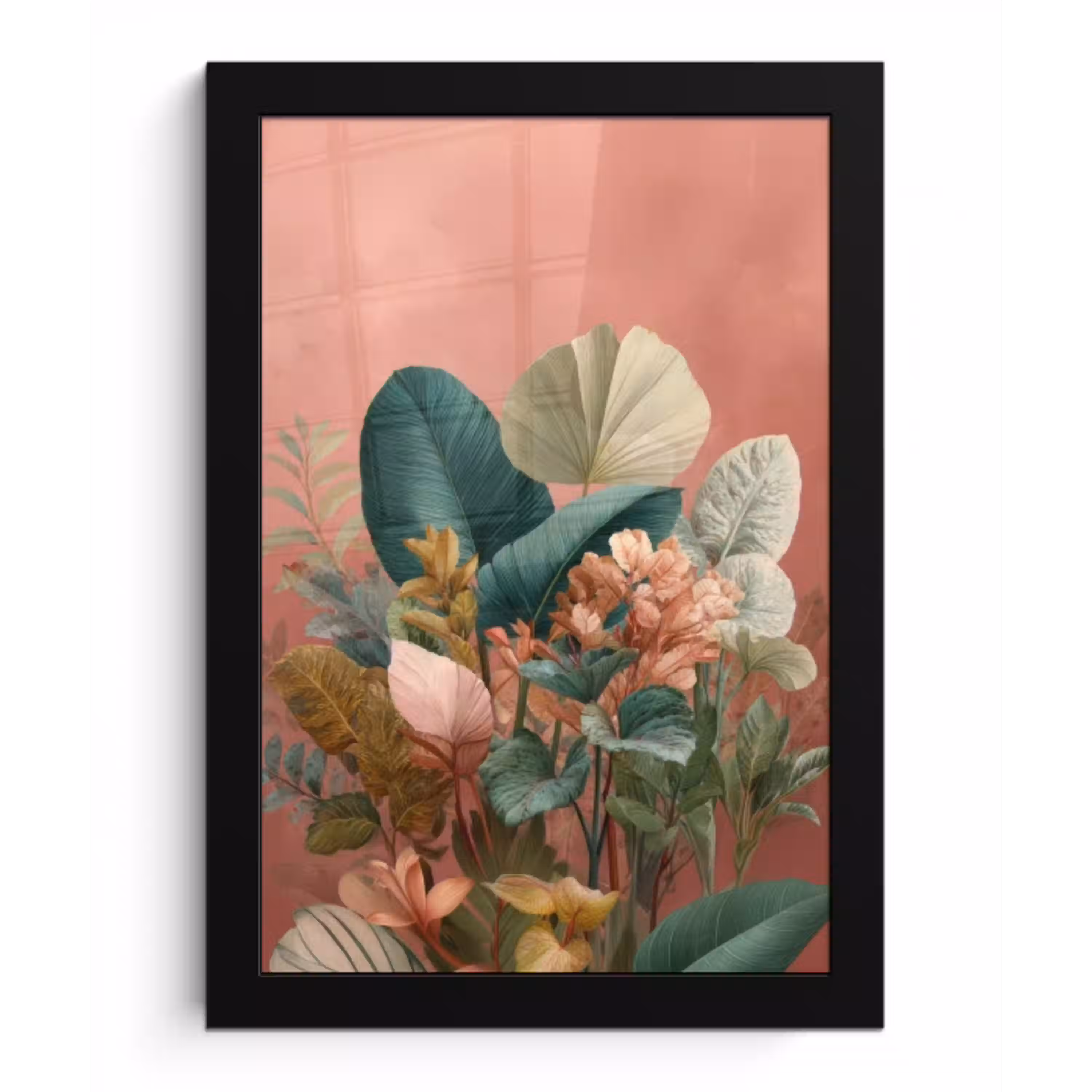 Tropische bladeren - Bloemen - Roze - groen fotolijst zwart zonder passe partout klein -3d