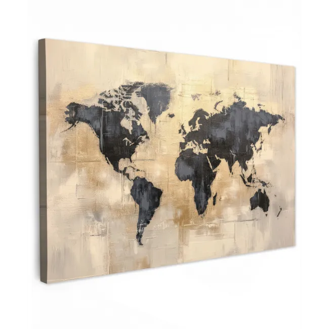 Wereldkaart - Goud - Zwart - Abstract canvas 2cm klein -z3d