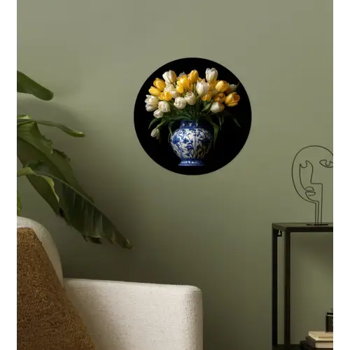 Geel - Tulpen - Vaas - Bloemen Wandcirkel behangsticker klein -sfeer2