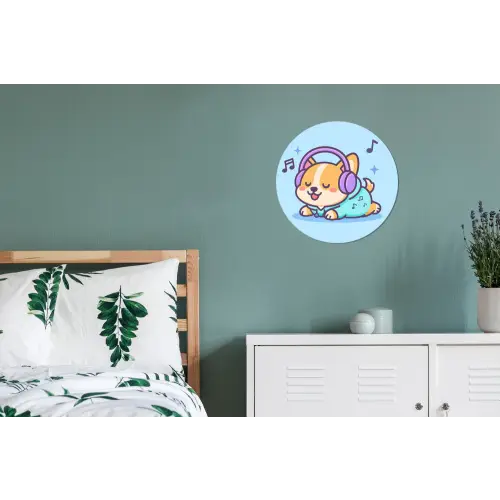 Corgi - Koptelefoon - Blauw - Muzieknoten Wandcirkel aluminium klein -slaapkamer