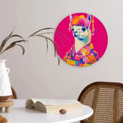 Lama - Kimono - Bloemenkrans - Felroze Wandcirkel plexiglas klein -sfeer4