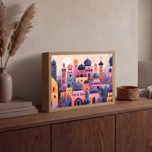 Kleurrijke stad - Zon - Islamitisch Light Box met batterij (Wandlamp) middel -sfeer2