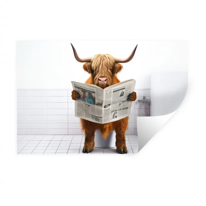 Schotse hooglander - Krant - Toilet - WC - Wit - Koe Muursticker klein -3d