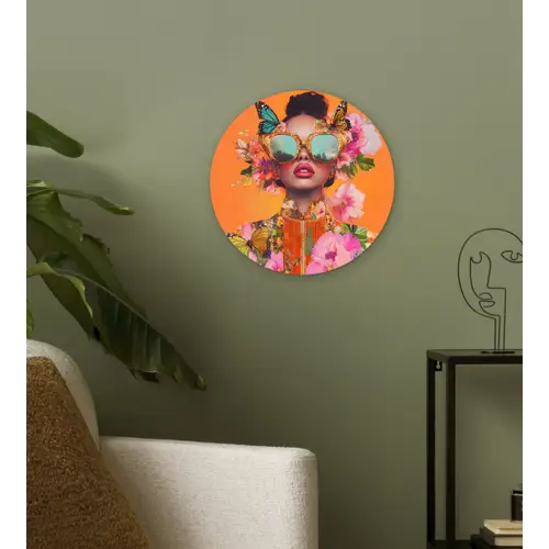 Vlinders - Vrouw - Zonnebril - Kleurrijk Wandcirkel kunststof plaat 5mm dik klein -sfeer3