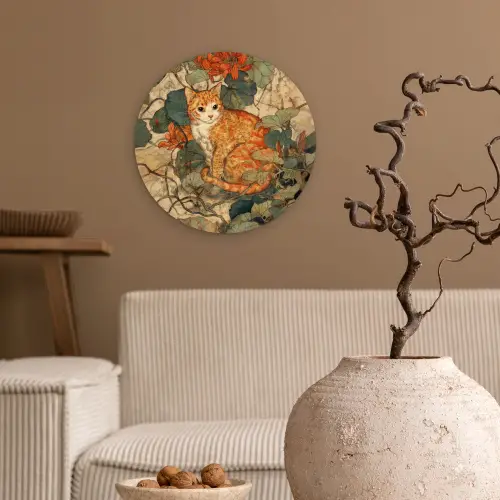 Kat - Sierlijk - Bloemen Wandcirkel kunststof plaat 5mm dik klein -sfeer1