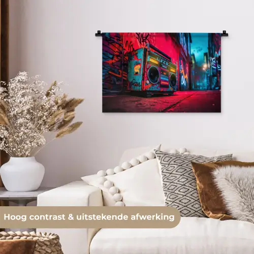 Boombox - Rood - Graffiti - Neon Wandkleed katoen klein -sfeer1