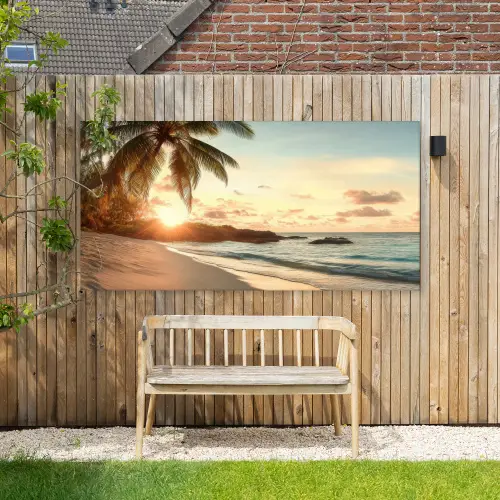 Strand - Palmbomen - Oceaan - Zonsondergang Tuinposter op houten frame 2 cm dik xxl -sfeer4