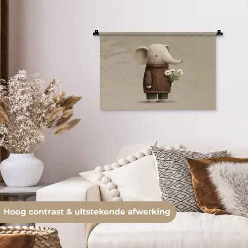 Olifant - Witte bloemen - Kindvriendelijk Wandkleed katoen klein -sfeer1