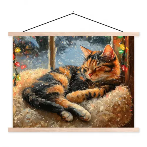 Kat - Kerst - Winter - Dier textielposter latten blank klein -3d