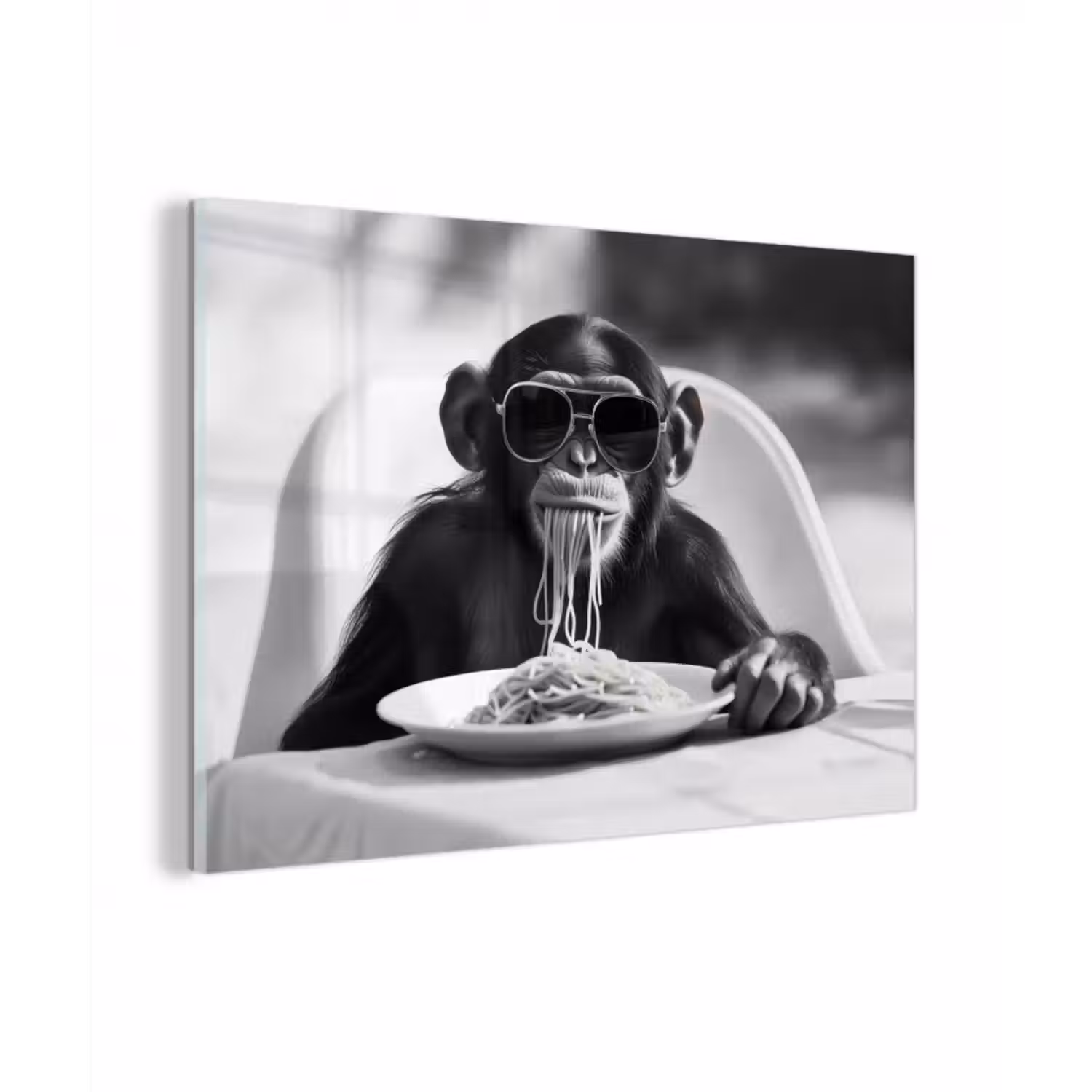 Glasbild - Affe - Spaghetti - Sonnenbrille - Schwarz und weiß - Cool - Tier
