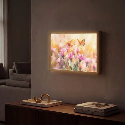 Vlinders - Oranje - Bloemen Light Box met batterij (Wandlamp) middel -sfeer1