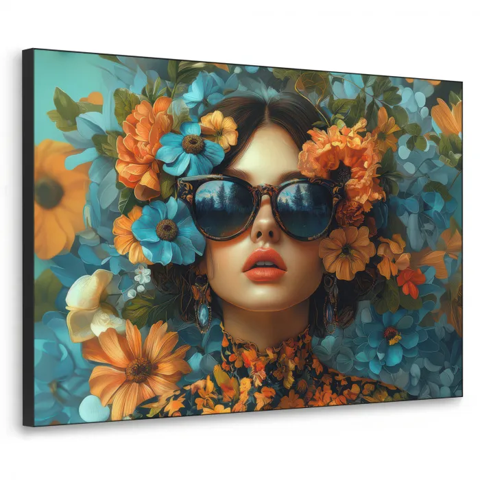 Vrouw - Bloemen - Oranje - Blauw - Modern Textielframe - compleet frame klein -3d