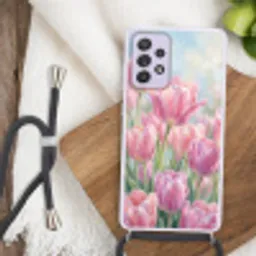 Tulpen - Veld - Lente - Roze Hoesje Samsung Galaxy A52 5G met koord klein -sfeer4
