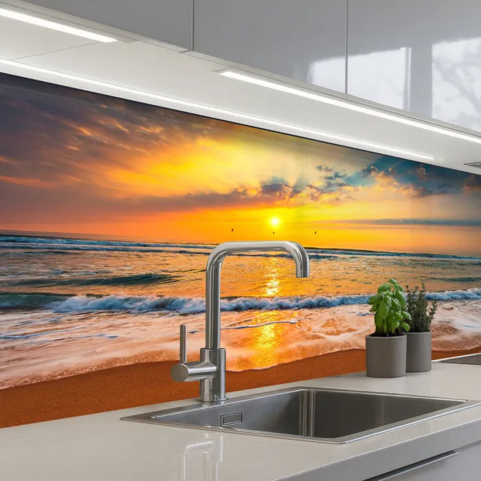 Zonsondergang - Strand - Zee - Wolken - Oranje keuken achterwand 2 middel -3d_schuin